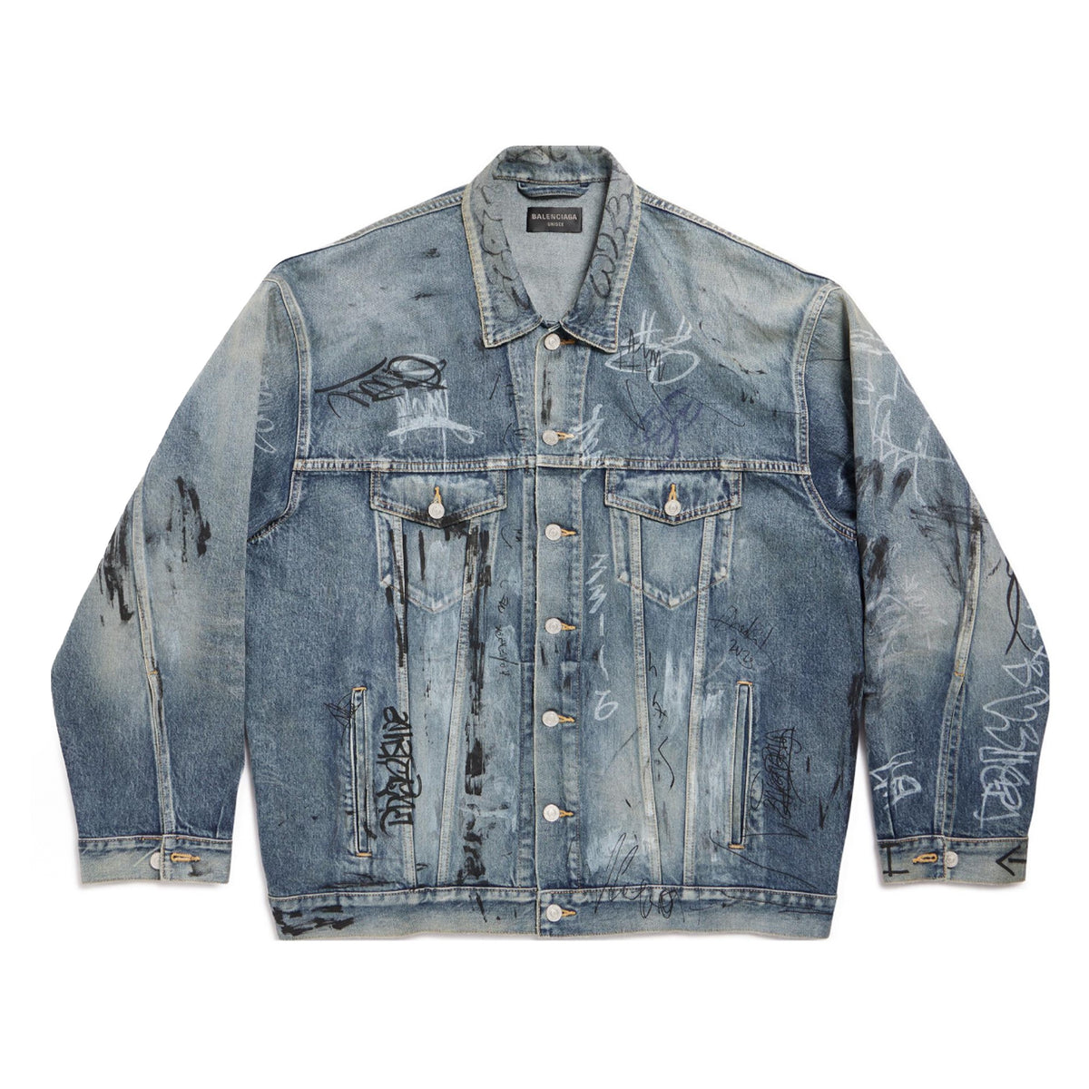 Balenciaga Men's Women's Spring And Autumn Graffiti Hand-painted Vintage Washed Denim Jacket Fashion Trend Loose Blue Loose Denim Jacket Ngvp #1974