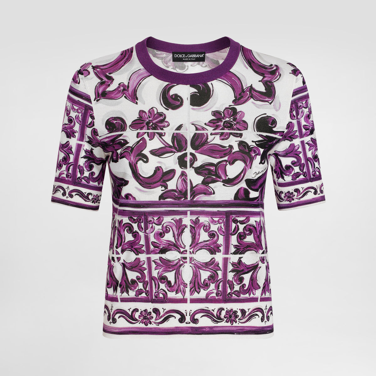 Dolce&Gabbana Women's Summer Floral Print Crew Neck Short Sleeve Solid Color Silk T-Shirt Ngvp #2318
