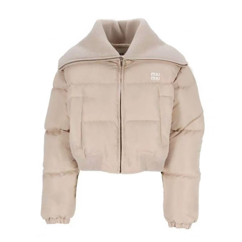 MiuMiu Women's Fall/Winter Logo-Printed Collar Zipper Goose Down Solid-Color Long-Sleeve Puffer Down Jacket #81739