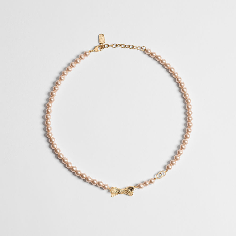 DIOR CD Bow Necklace Gold-Finish Metal and Iridescent Pink Resin Pearls #385650