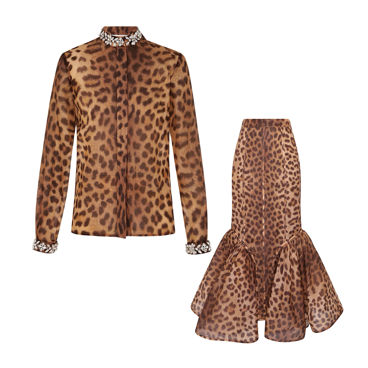 Zimmermann Women's Spring and Summer Leopard Crystal Embellished Single Breasted Long Sleeve Shirt Slim Zipper Casual Long Skirt Set Suit #75682