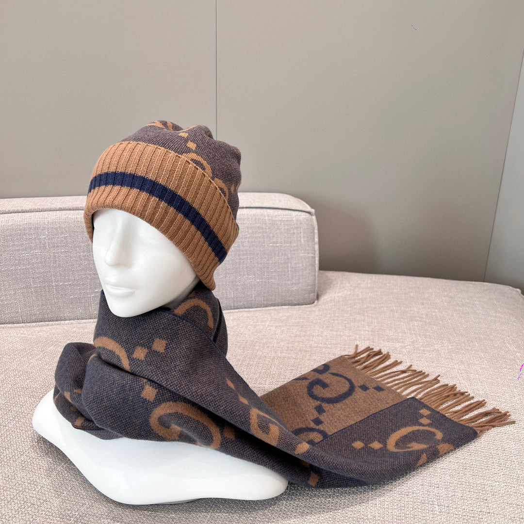 Gucci GG Knit Cashmere Hat Jacquard Tassel Scarf Set Suit #97289