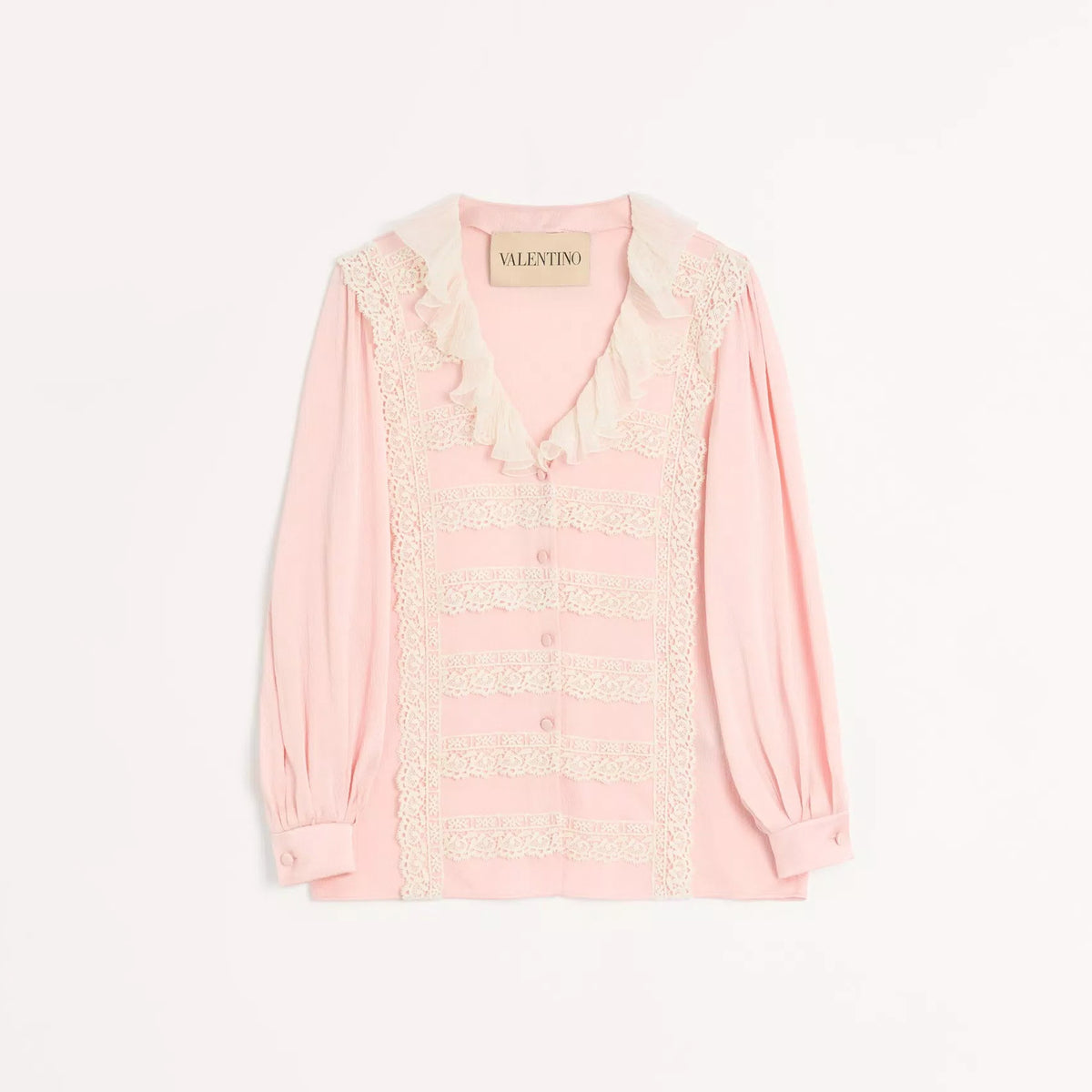 Valentino Women's Spring/Summer/Fall V-neck Color-block Lace Trim Silk Bubble Sleeve Hammered Satin Shirt Ngvp #2278