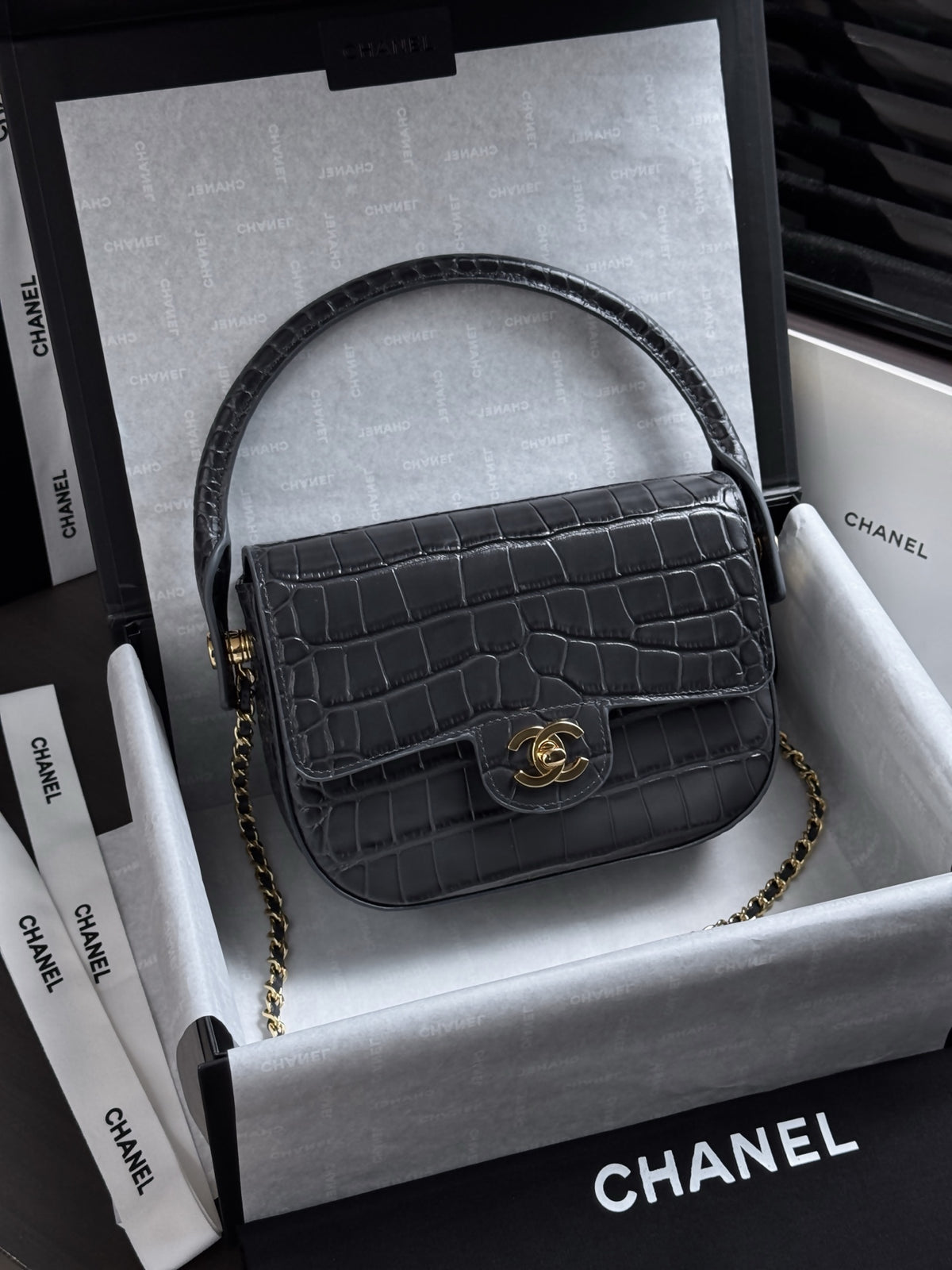 CHANEL Mini Flap Bag With Top Handle Crocodile Embossed Calfskin Gold-tone Metal #387696