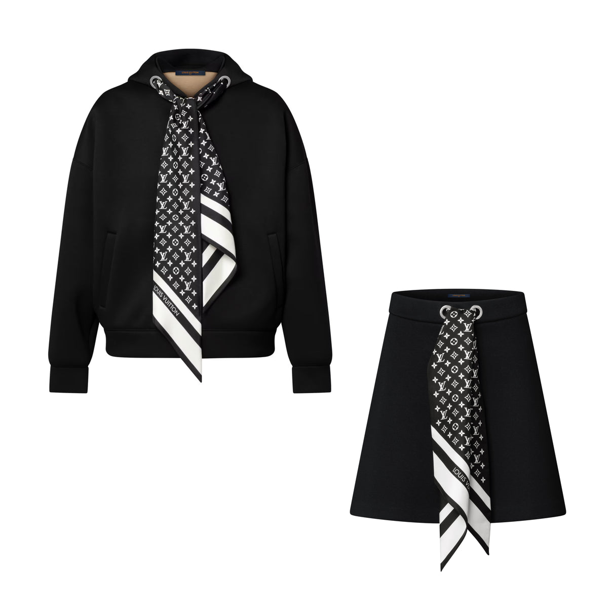 Louis Vuitton MONOGRAM Women's Fall/Winter Fashion Casual Silk Scarf Zipper Hooded Long Sleeve Sweatshirt with Mini Flared Casual Skirt Suit Set #78752