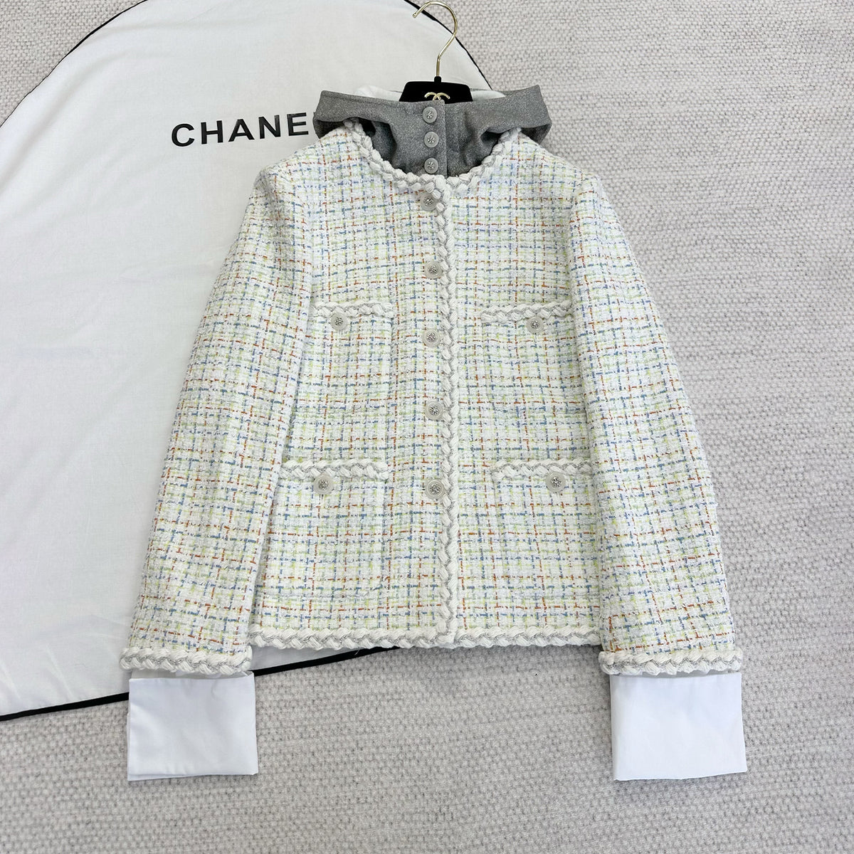 Chanel Women's Spring And Autumn Embroidered Checkered Round Neck Wool And Cotton Solid Color Long Sleeve Jacket Ngvp #9847