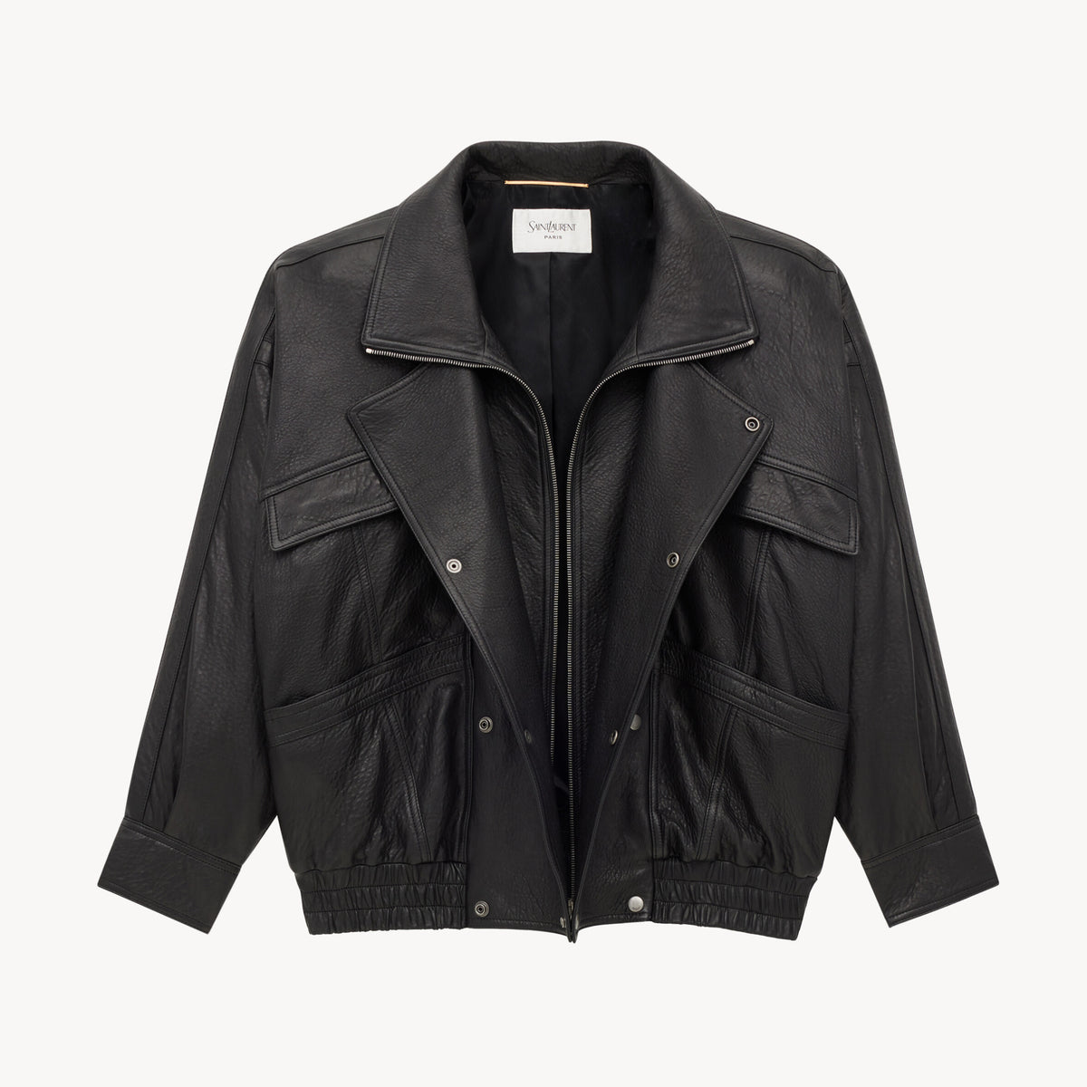 Saint Laurent Women's Bubbled Lambskin Bomber Jacket Spring/Fall Stand Collar Zipper Pilot Jacket Solid Color Motorcycle Leather Jacket Ngvp #2714