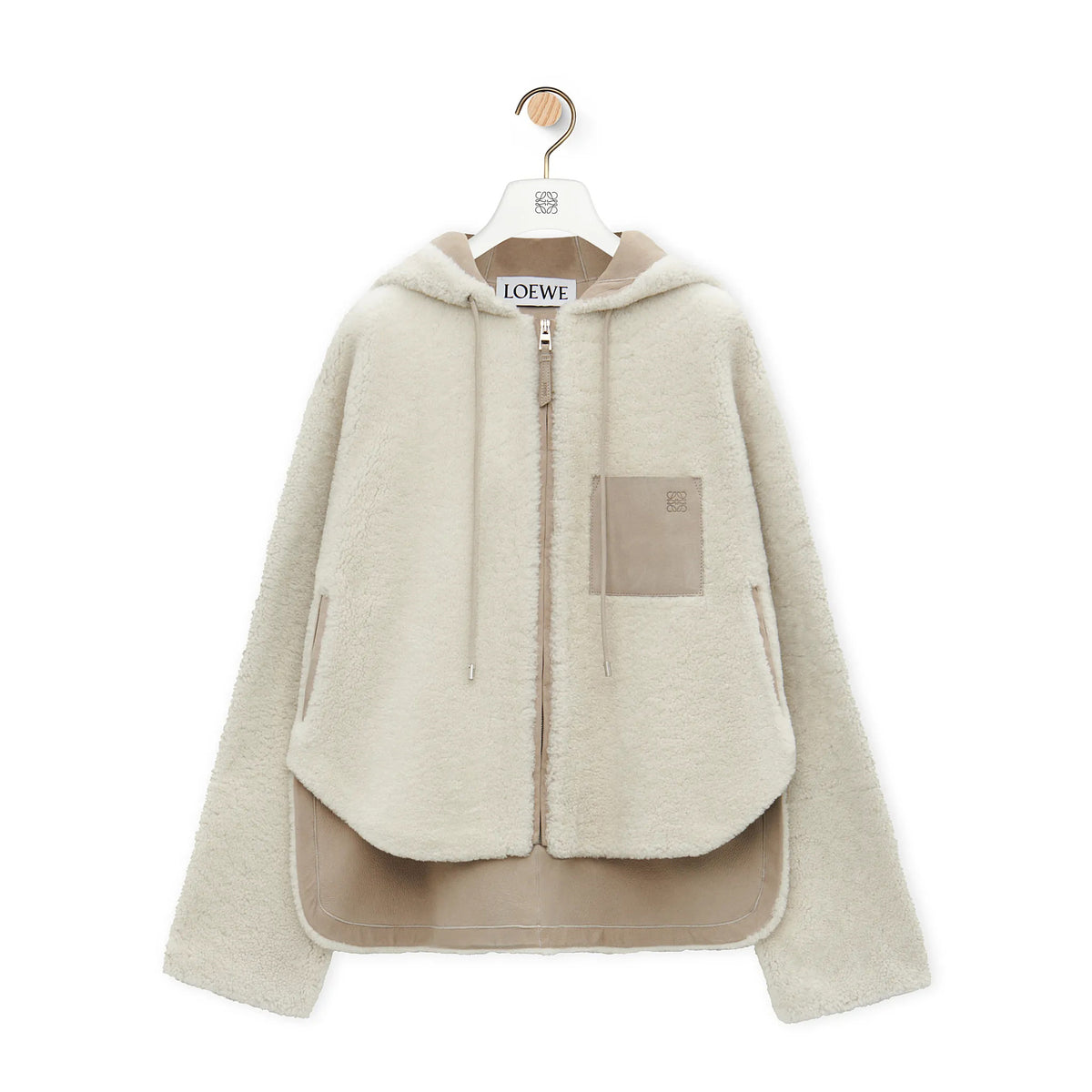 Loewe Women's Fall And Winter Fur Integration Patchwork Lamb Wool Zipper Hooded Long Sleeved Jacket #74736