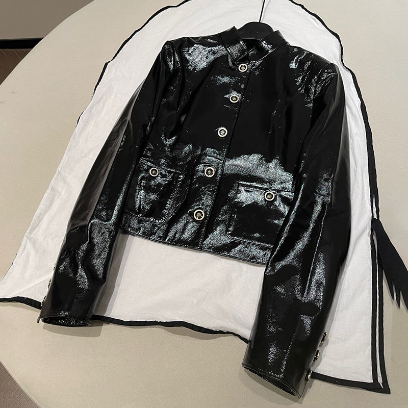 Chanel Women's Spring/Autumn Single-Breasted Sheepskin Leather Solid Color Stand-Up Collar Long Sleeve Jacket Ngvp #2155