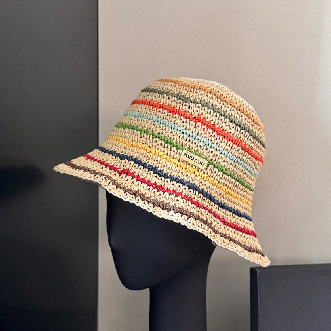 MiuMiu Women's Spring and Summer Rainbow Knit Fisherman's Hat Cap #76551
