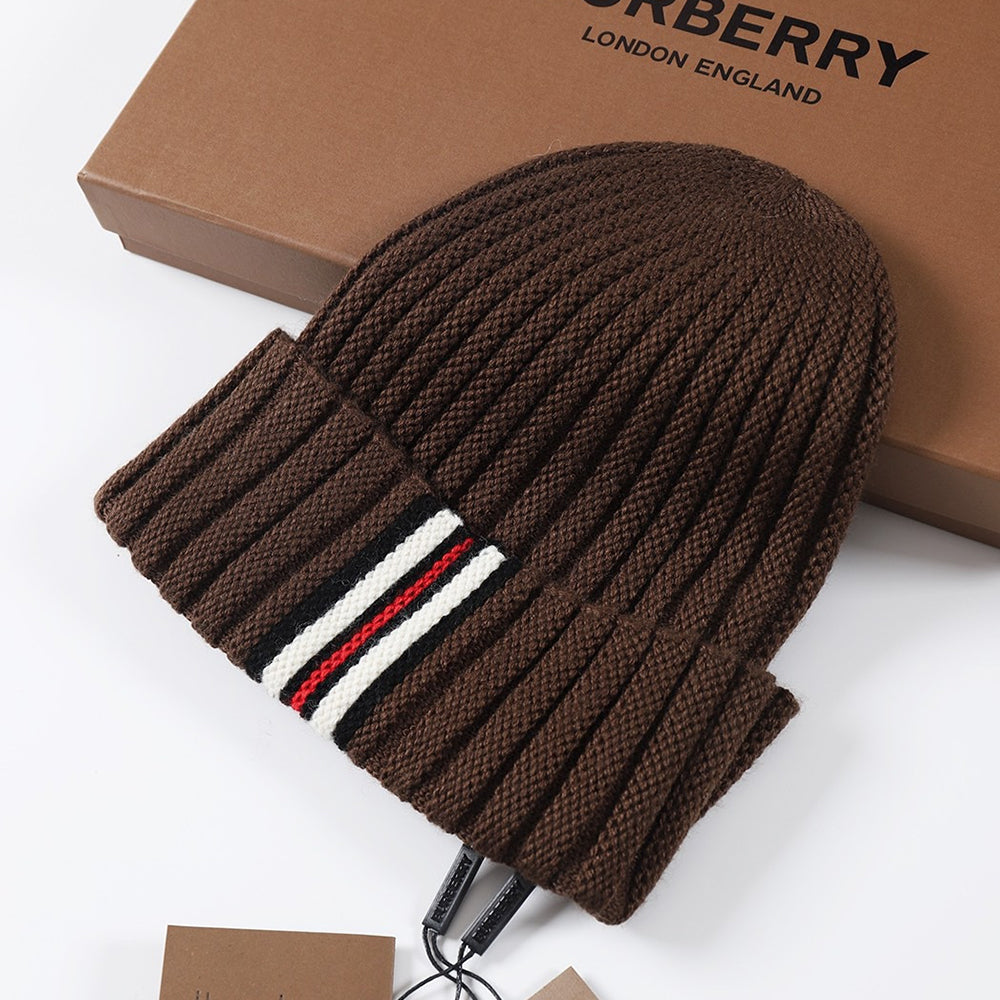 Burberry Men's and Women's Brown and Black Contrast Wool Knitted Hat #333385