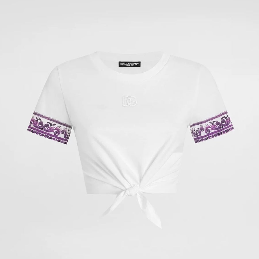 Dolce&Gabbana Women's Summer Logo Embroidered Tie-Front Round Neck Solid Color Silk Short Sleeve T-Shirt #81493