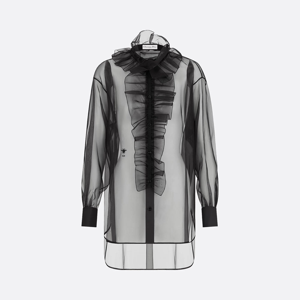 Dior Women's Translucent ShirtIn Black Mulberry Silk Organza Effect Fabric With Removable Ruffle Collar #332636