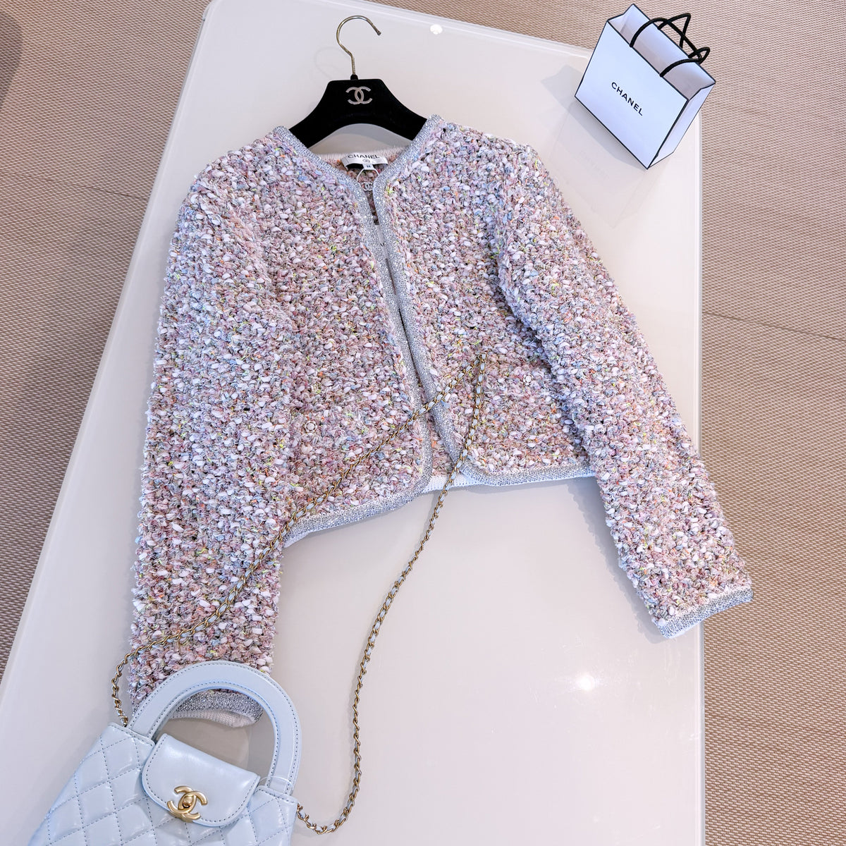 Chanel Women's Spring/Autumn Round Neck Rhinestone Trim Color Block Long Sleeve Cardigan Jacket Casual Tweed Stretch Skirt Ngvp #2274