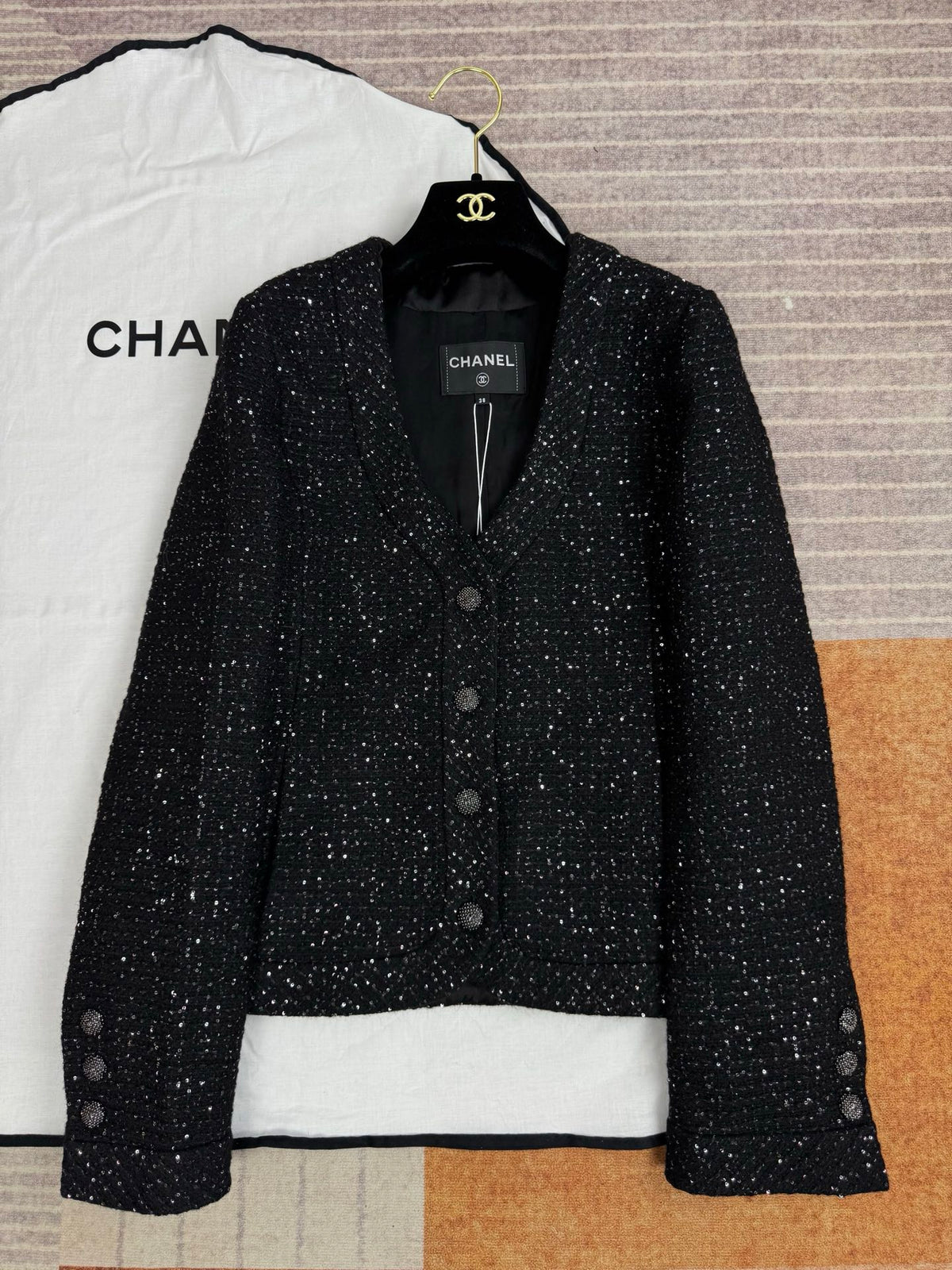 Chanel 25B Black Sequined Tweed Jacket #333126