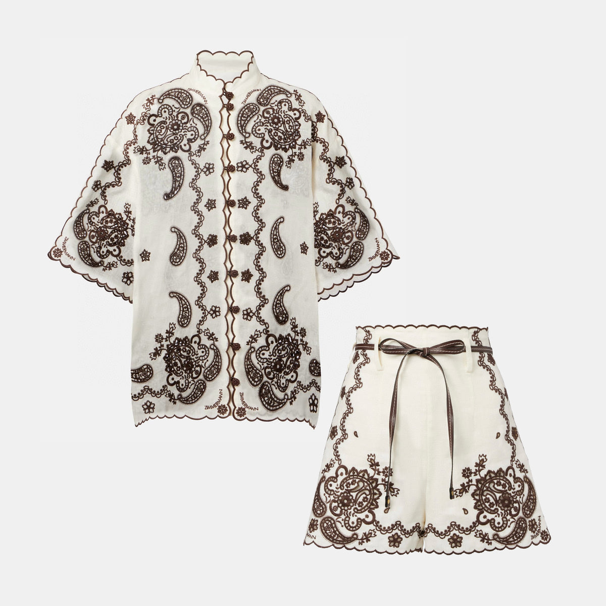 Zimmermann Women's Summer Openwork Embroidered Pattern Single Button Short Sleeved Shirt And Belted Casual Shorts Set Suit #77678