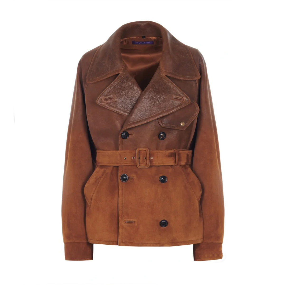 Ralph Lauren Women's Autumn And Winter Curry Leather Patchwork Jacket Belt Double Breasted Lapel Leather Jacket Ngvp #2248