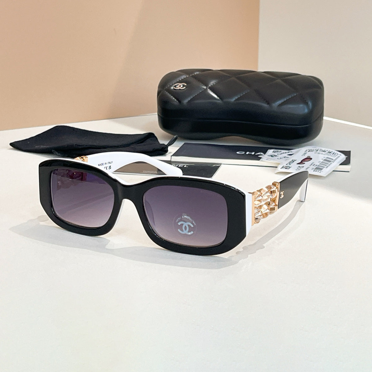Chanel Men's Women's Fashion Solid Color Wide Lens Legs Acetate Fiber & Lucite Pearl Rectangle Frame Sunglasses Ngvp #1514