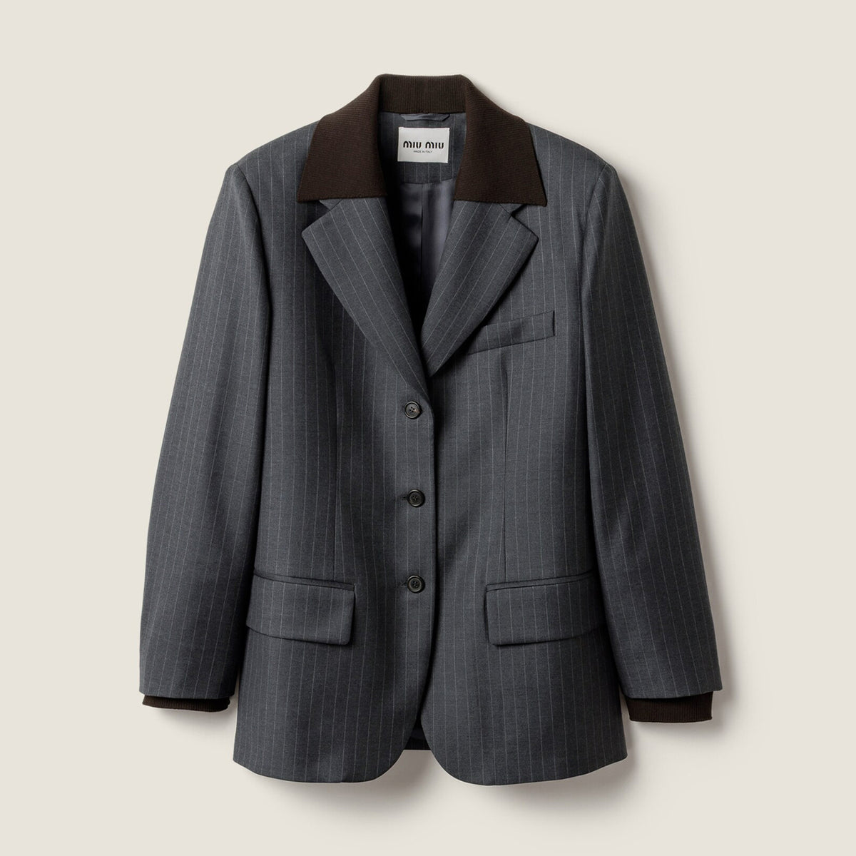 MiuMiu Women's Fall/Winter Single-Breasted Lapel Striped Solid-Color Wool Blend Long-Sleeve Blazer Jacket #81747