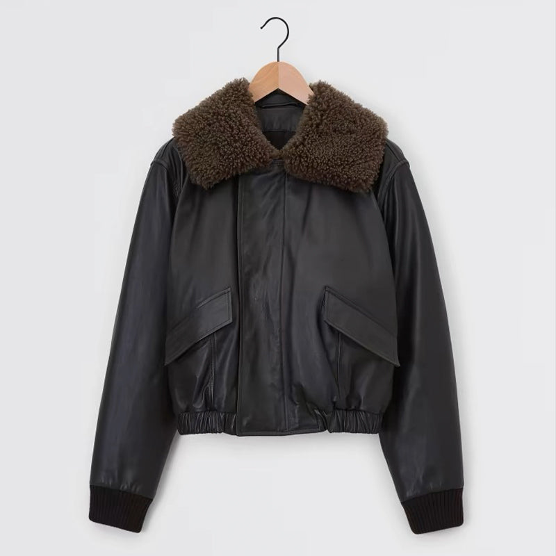 Lemaire Women's Autumn And Winter Fur Collar Zipper Short Solid Color Loose Long Sleeve Leather Jacket Ngvp #2485