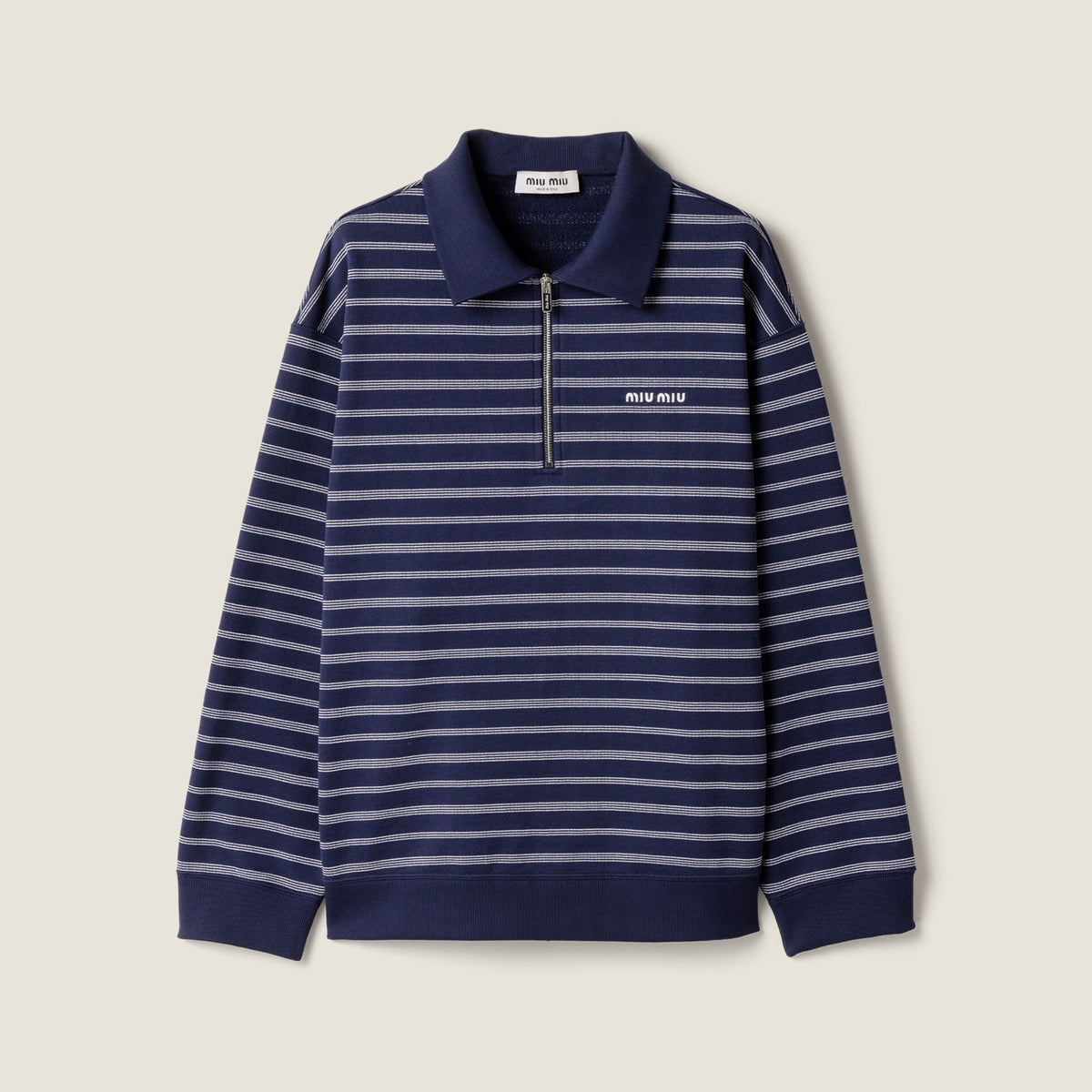 MiuMiu Women's Summer Logo Embroidered Cotton Loose-Fit Color-Block Striped Zipper Polo Shirt #81544