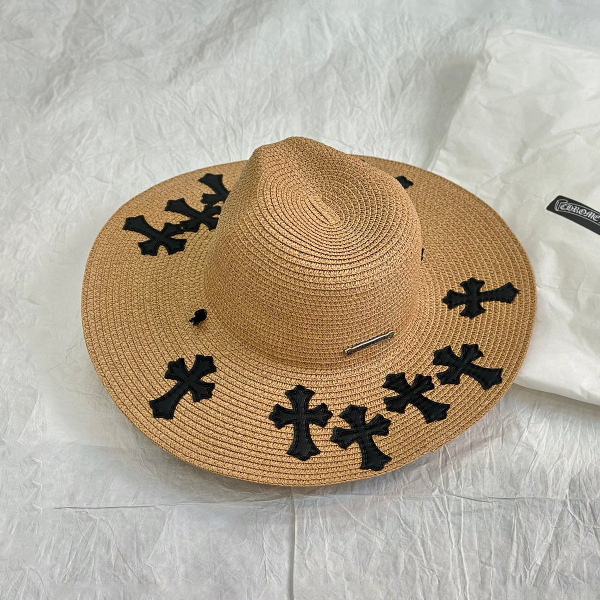 Chrome Hearts Men's And Women's Plain Colored Straw Hat With Cross Leather Logo Cap #77796