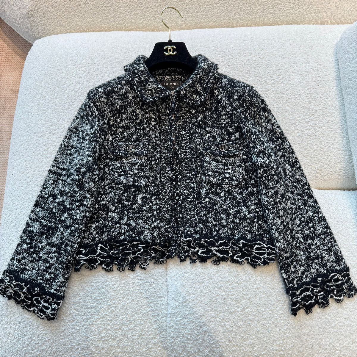 Chanel Women's Embroidered Spring/Autumn Cotton Mohair Ruffled Cuff Cardigan Jacket Casual Solid-Color Half-Length Skirt Ngvp #2347