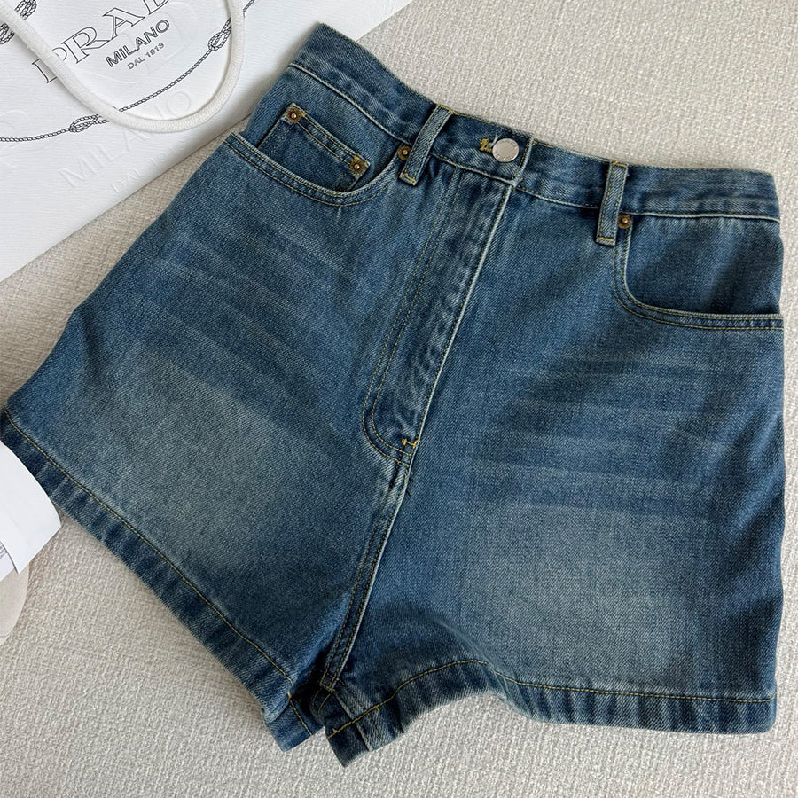Prada Women's Summer High-Waisted Solid-Color Cotton Logo Denim Shorts #81526