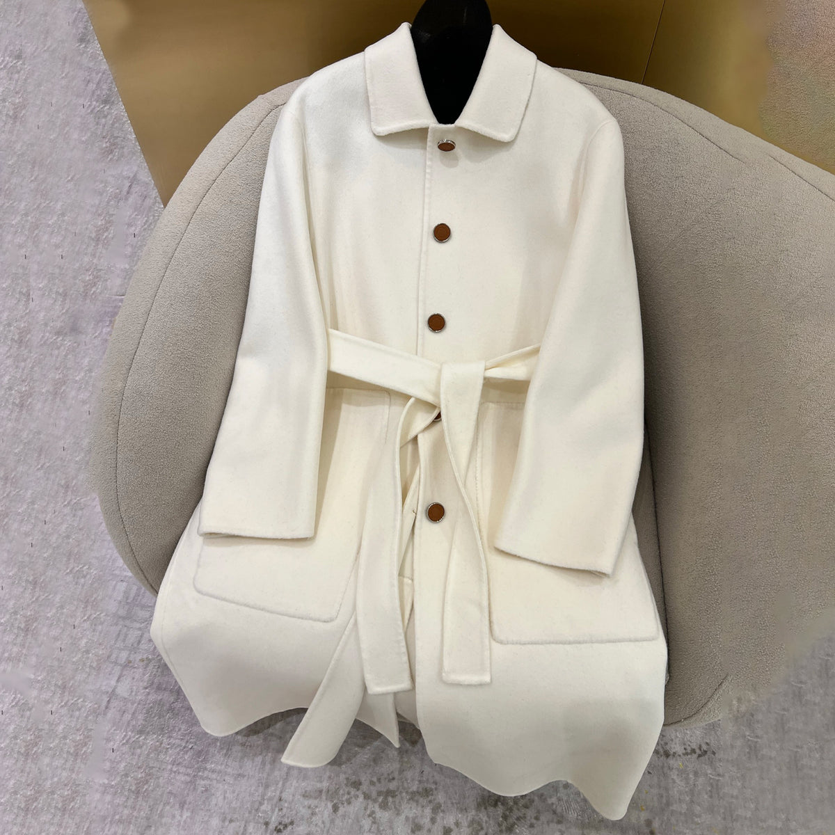 Hermes Women's Spring/Fall/Winter Reversible Solid-Color Collared Single-Breasted Tie-Front Cashmere Wrap Coat Straight-Cut Jacket #81737