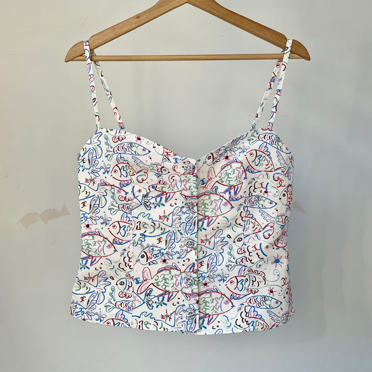 Chanel Women's Spring/Summer Graffiti Printed Camisole Top Wide Leg Jeans Pants Set Suit #74985