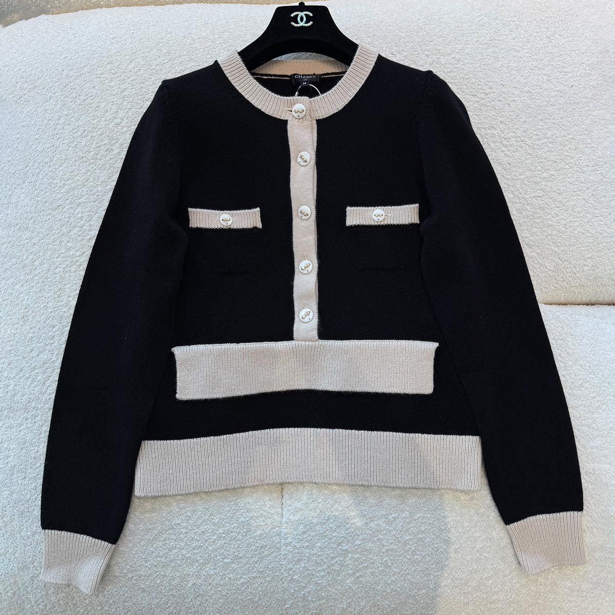 Chanel Women's Autumn And Winter Knitted Cardigan Classic Black Self Color Clash Girl Bow Elegant And Playful High Quality Knitted Sweater Half Skirt Suit Set Ngvp #2642
