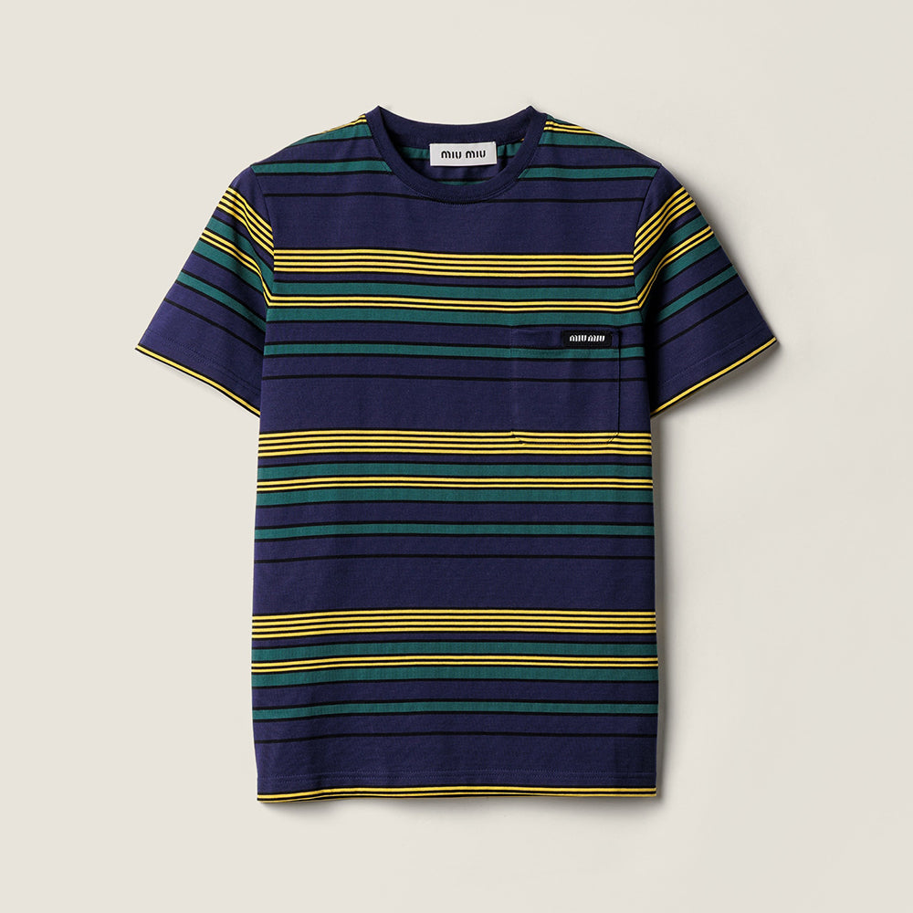 MiuMiu 25FW Women's Striped Short-sleeved T-shirt Yellow And Green Stripes Retro College Style Cotton Logo Pocket #332610