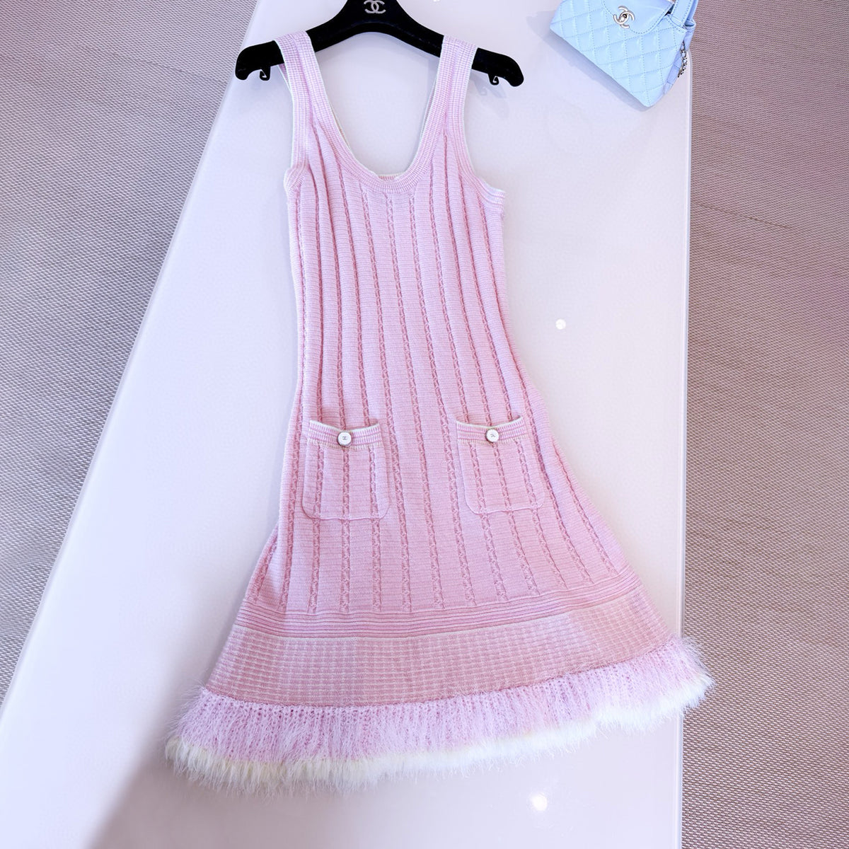 Chanel Women's Summer Knitted Vest Dress Solid Color Round Neck Sleeveless Flared Dresses Ngvp #2368