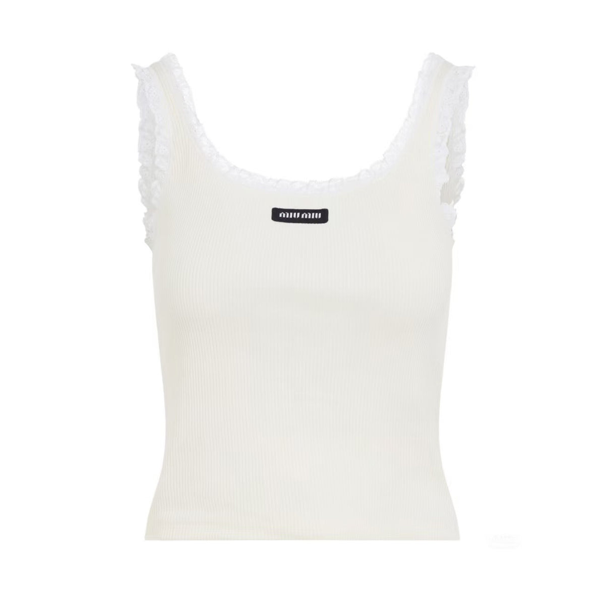 MiuMiu Lace White Knitted Vest Women's Spring And Summer Fashion Elegant Slim Patch Logo Undershirt T-shirt Tops  #81438