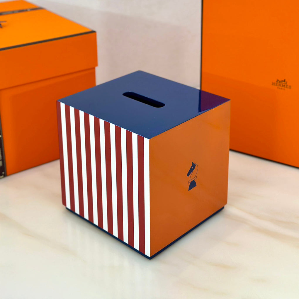 Hermes Classic Fashion Color Blocked Square Tissue Box With Carved Herringbone Pattern Bag Bags #78973