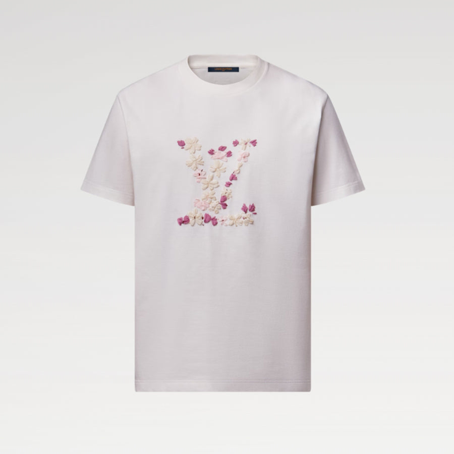 Louis Vuitton x  Men's Floral Embroidered Round Neck Cotton Solid Color Summer Straight Short Sleeve T-Shirt #81353