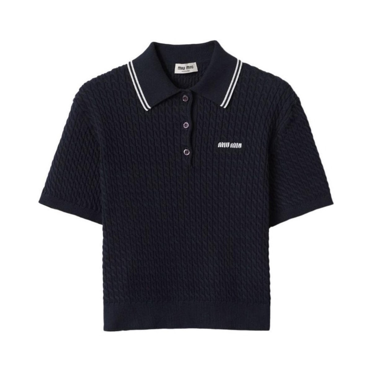 MiuMiu Women's Summer Dark Blue Letter Logo Embroidery Cotton Straight Short Sleeve Polo Shirt T-Shirt #77769