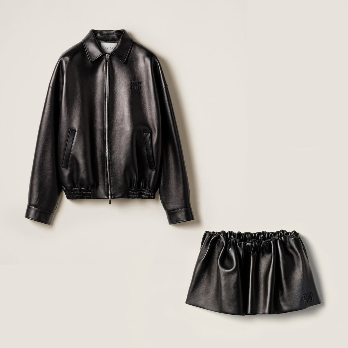MiuMiu Women's Plong¨¦ Napa Leather Jacket Spring/Fall Solid Color Lapel Straight Sleeve Zipper Leather Jacket Skirt Suit #77987