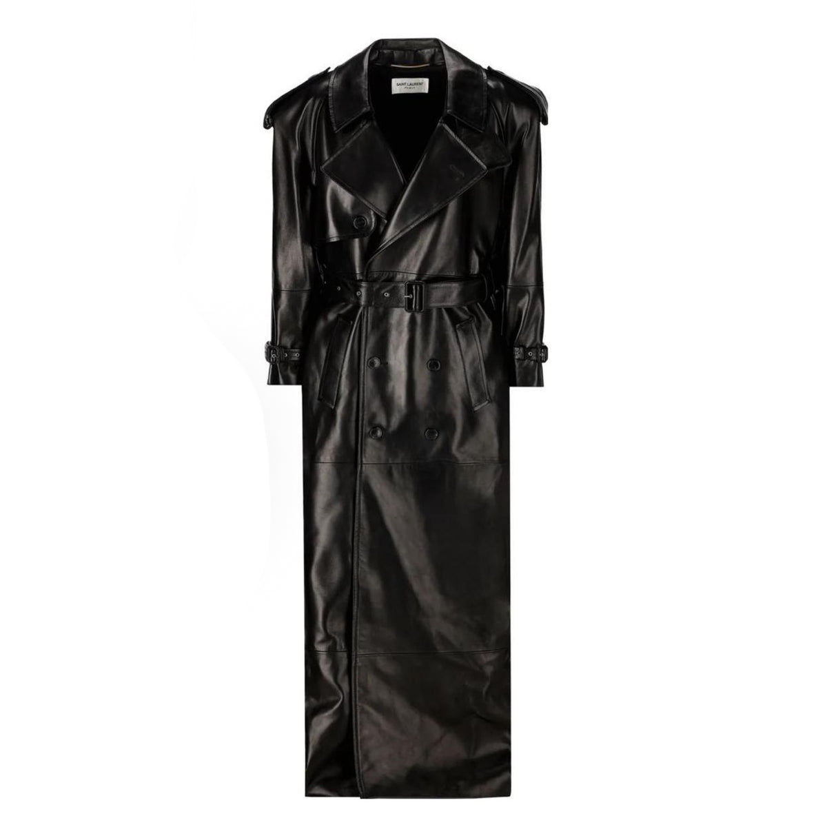 SAINT LAURENT Women's Ultra-long Leather Jacket Temperament Fashionable And Elegant Luxury Belt Trench Coat Spring And Fall Lapel Long-sleeved Loose Jacket Ngvp #9999