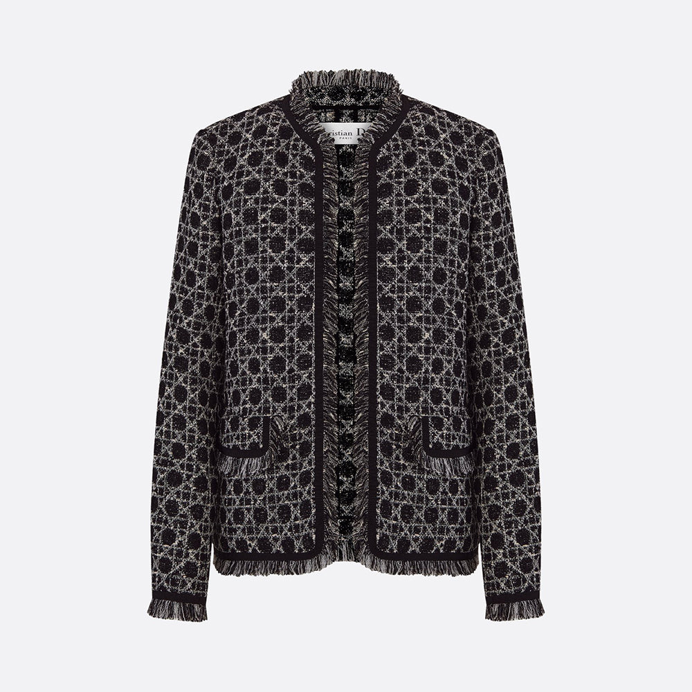 DIOR Macrocannage Regular Fit Jacket Mid-Length Macrocannage Flared Skirt  Black White Cotton-Blend Tweed Knit  #334340