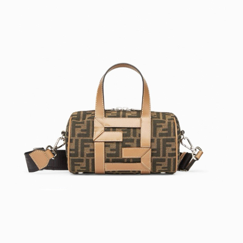 Fendi Men's Women's Mini Bowling Handbag Jacquard Logo Leather Brown Tote Crossbody Bag #98522