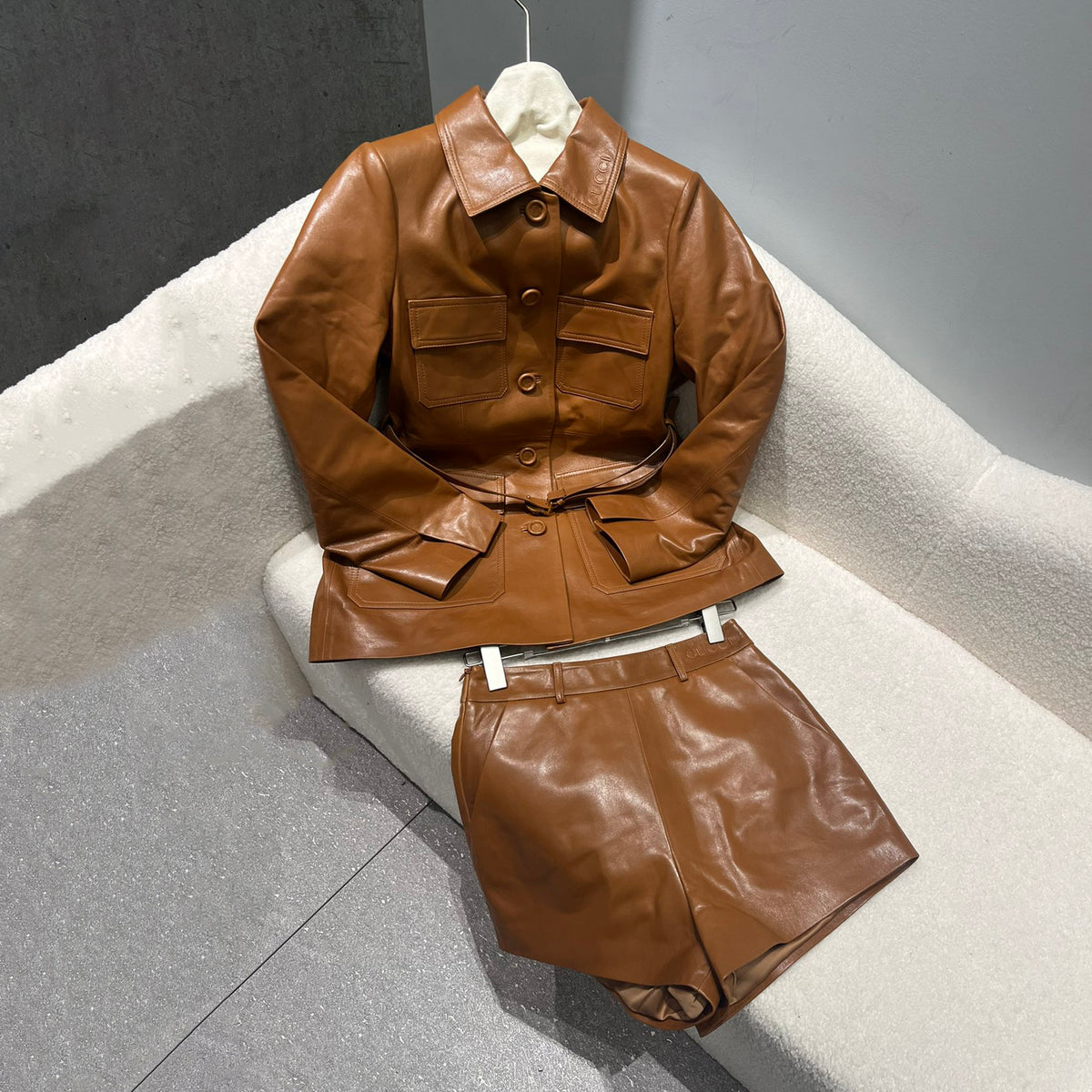 Gucci Women's Spring And Autumn Solid Color Single Breasted Drawstring Leather Long Sleeved Jacket Casual Shorts Suit Set #76167