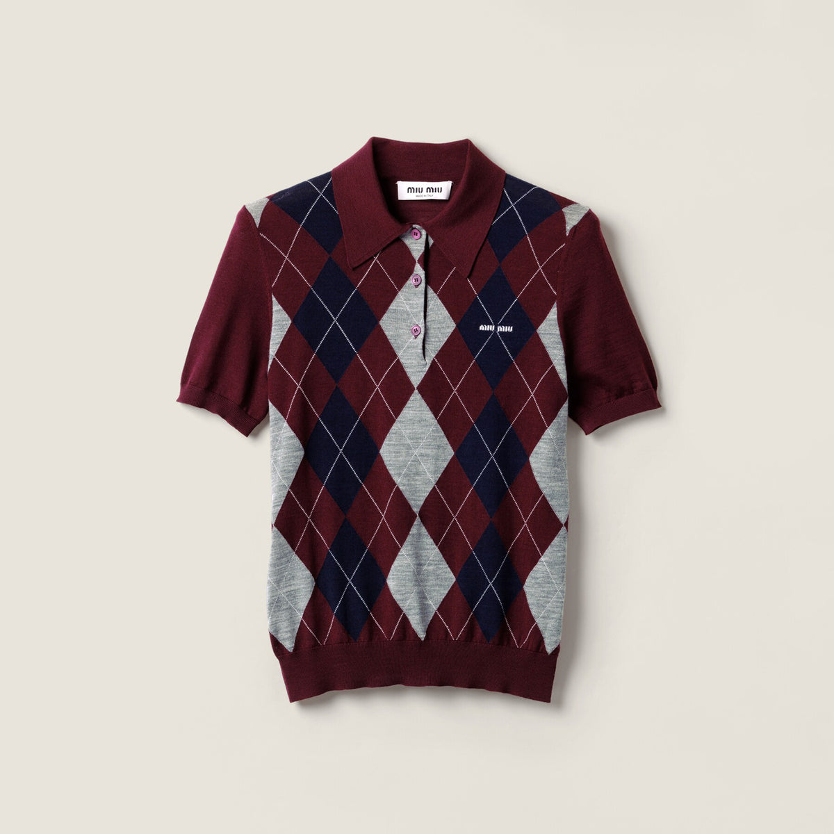 MiuMiu Women's Summer Fashion Casual Collared Diamond Pattern Wool Polo Shirt Short Sleeve T-shirt #78464