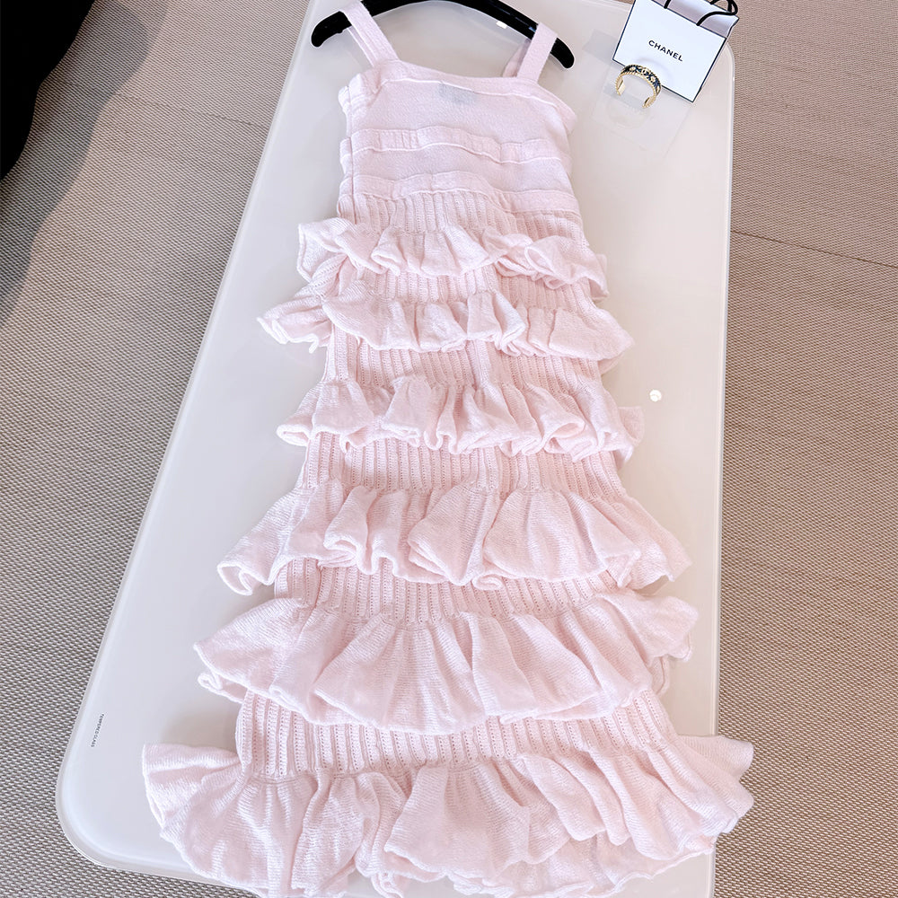 Chanel 25K Solid Color Pleated Knitted Design Suspender Long Dress Mohair And Silk Light Pink #332234