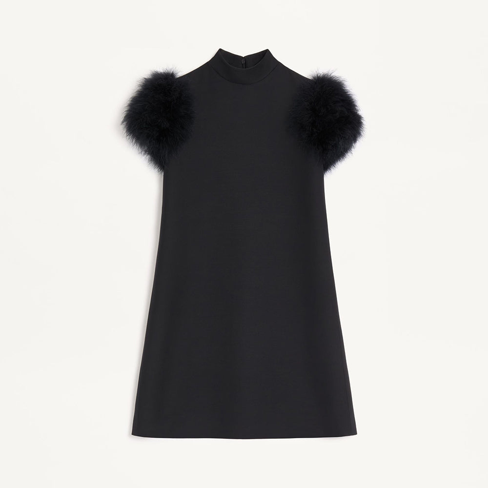 Valentino Short Crepe Couture Dress Feathers Woman Black #333699