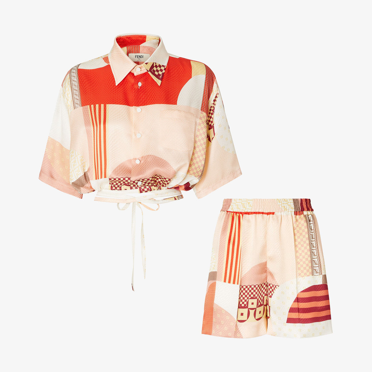 Fendi Women's Summer Geometric Pattern Printed Drawstring Hem Short Sleeved Silk Single Button Top And Casual Shorts Set Suit #77335