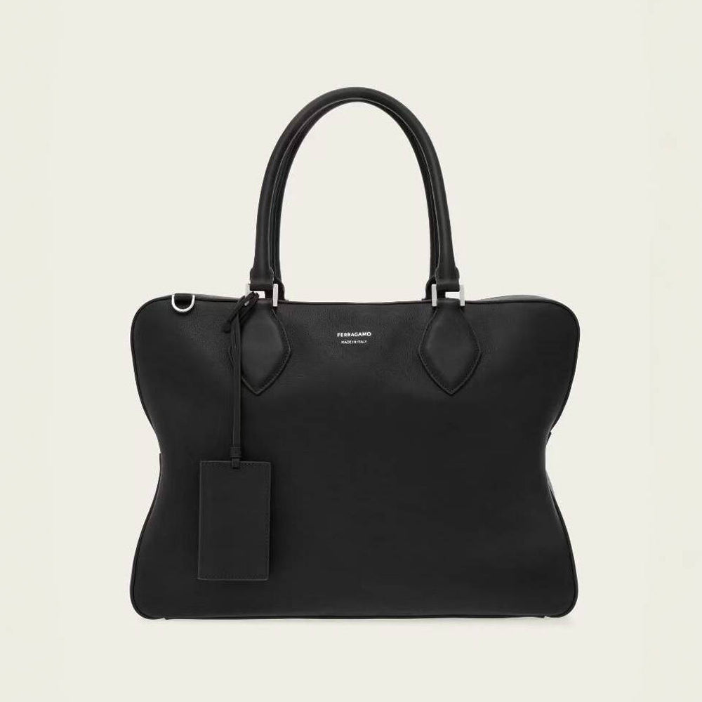 Ferragamo Men's Black Monogrammed Logo Zipper Closure Calfskin Handbag Bag Bags #72737