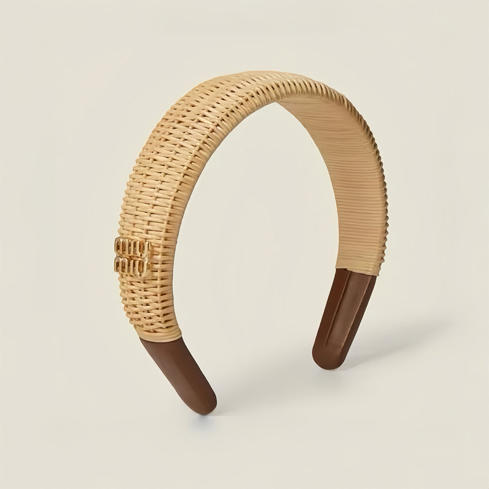 MIUMIU Rattan and Brown Leather Headband With Gold Letters #377285