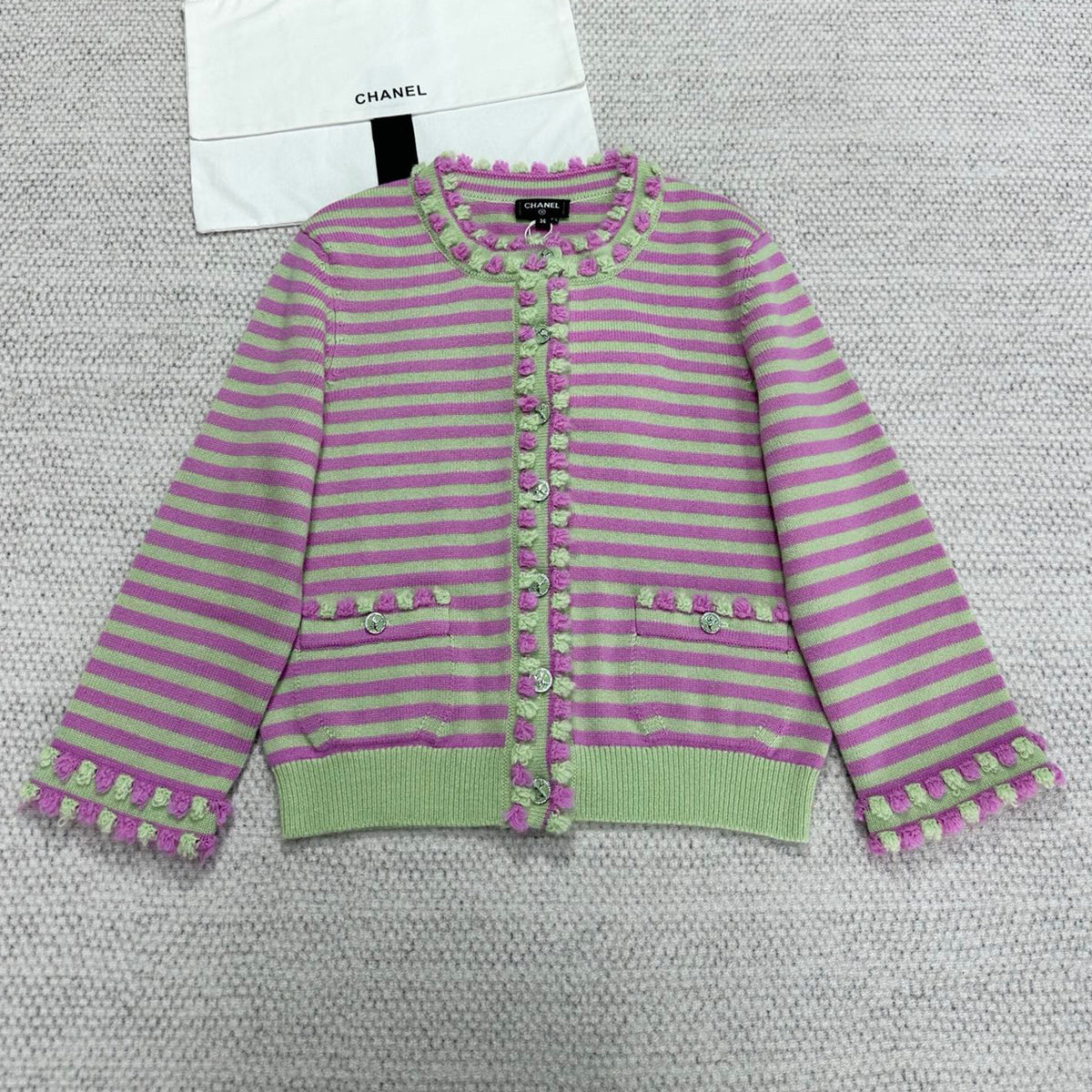 Chanel Women's Spring Summer High Street Striped Colorblocking Sheath Top Long Sleeve Round Neck Cashmere Cardigan Casual Shorts Ngvp #1679