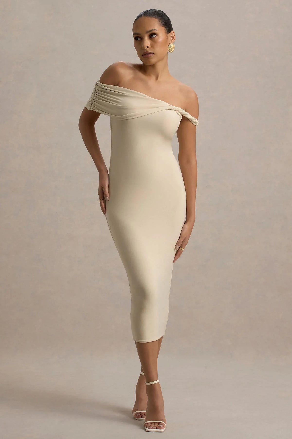 Skye | Sand Twisted Bardot Midi Dress